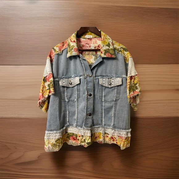 POL Jackets & Blazers - POL Patchwork Denim Short Sleeve Jacket Floral Eyelet Boho Shabby Chic Raw Edge